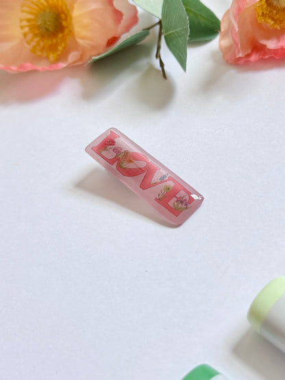 Hand-Illustrated + Handmade Pink Love with Flowers Resin Hair Clip