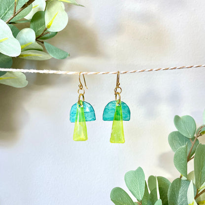 Upcycled Plastic Earrings | “The Jona” Translucent Layered Teal Half Circles + Chartreuse Triangles